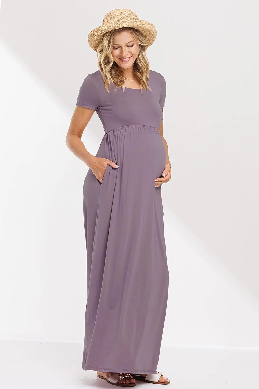 LaClef Women's Maternity Short Sleeve Empire Waist Summer Maxi Dress with Pockets