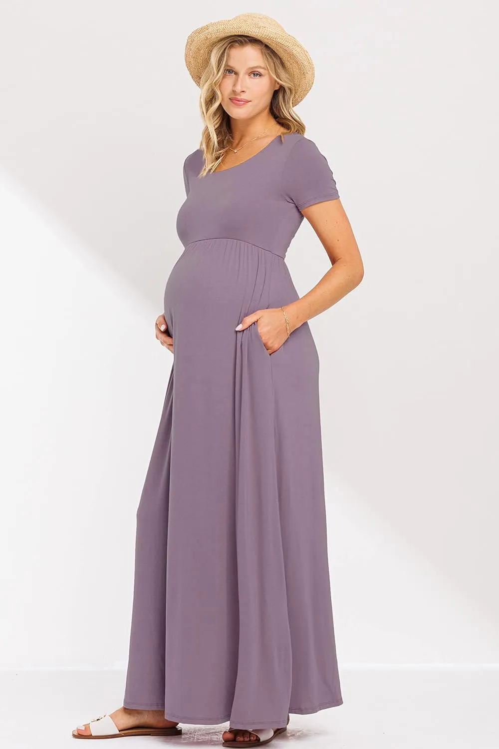 LaClef Women's Maternity Short Sleeve Empire Waist Summer Maxi Dress with Pockets