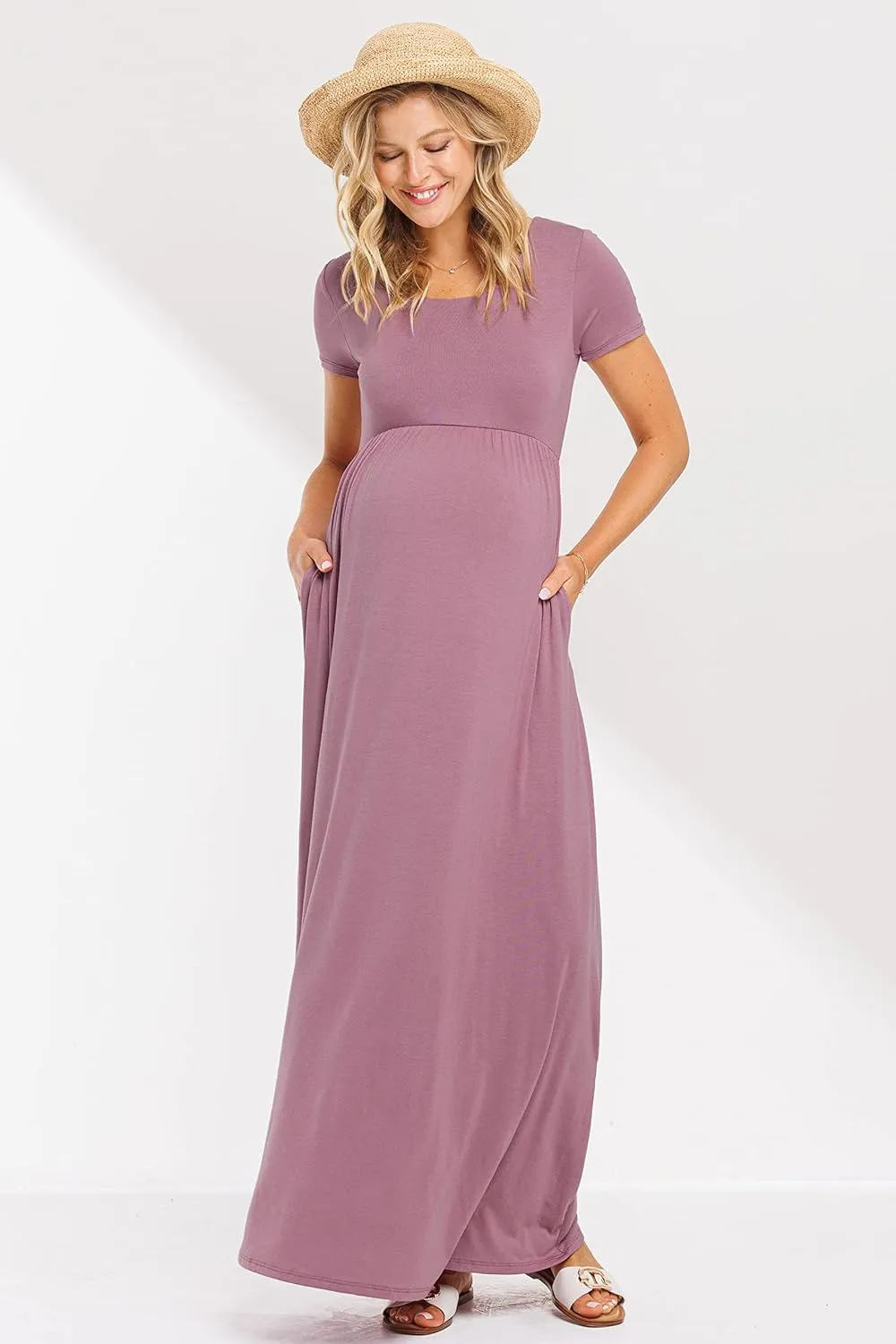 LaClef Women's Maternity Short Sleeve Empire Waist Summer Maxi Dress with Pockets
