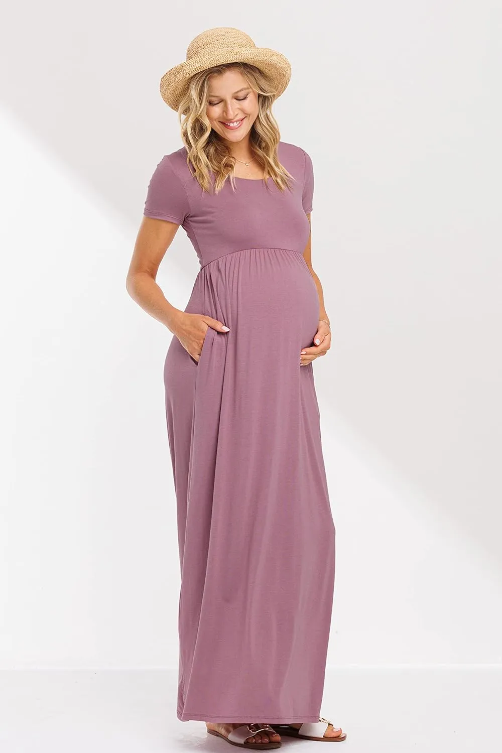 LaClef Women's Maternity Short Sleeve Empire Waist Summer Maxi Dress with Pockets