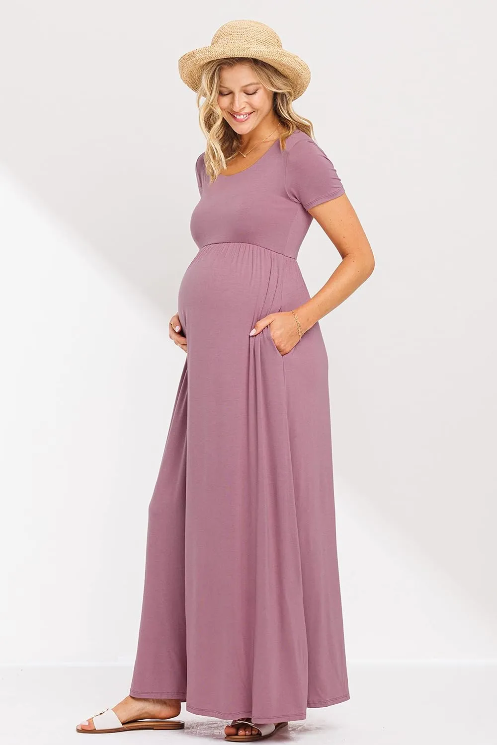 LaClef Women's Maternity Short Sleeve Empire Waist Summer Maxi Dress with Pockets