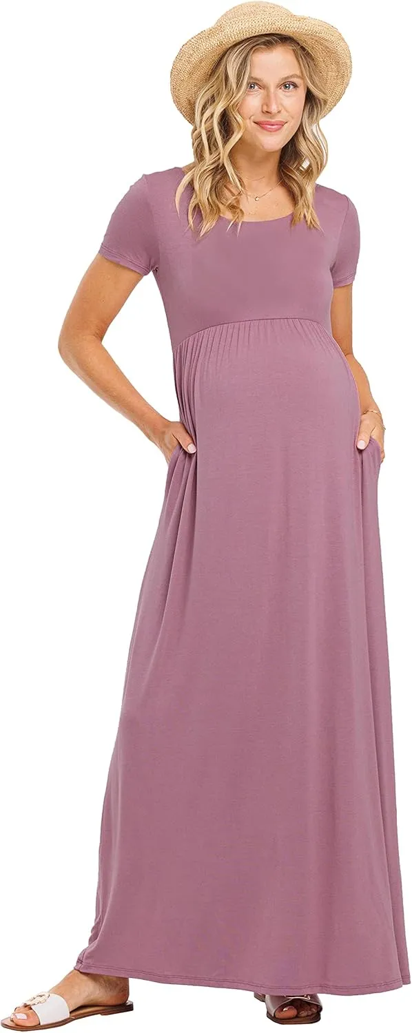 LaClef Women's Maternity Short Sleeve Empire Waist Summer Maxi Dress with Pockets