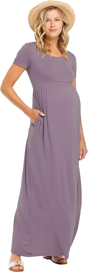 LaClef Women's Maternity Short Sleeve Empire Waist Summer Maxi Dress with Pockets