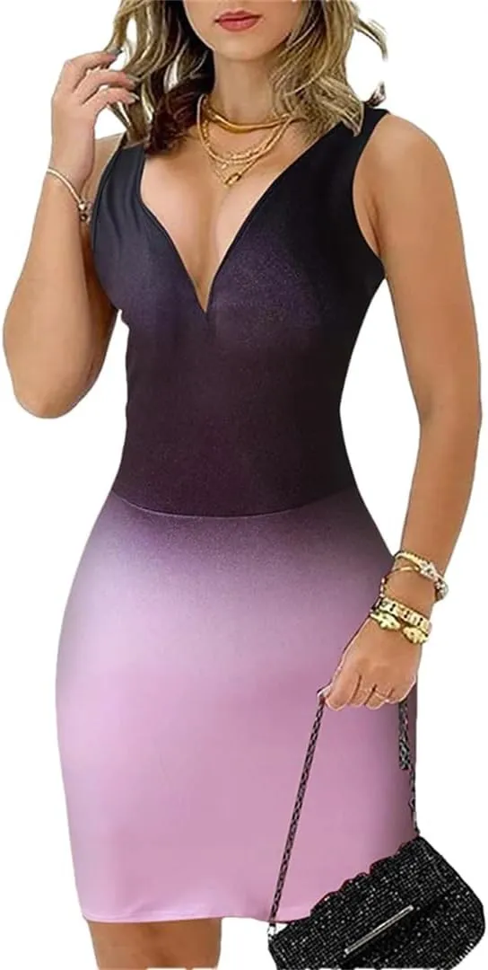 Ladies Gradient Sexy Dress Elegant V Neck Short Dress Women Sexy Party Dresses Summer Bodycon Dress
