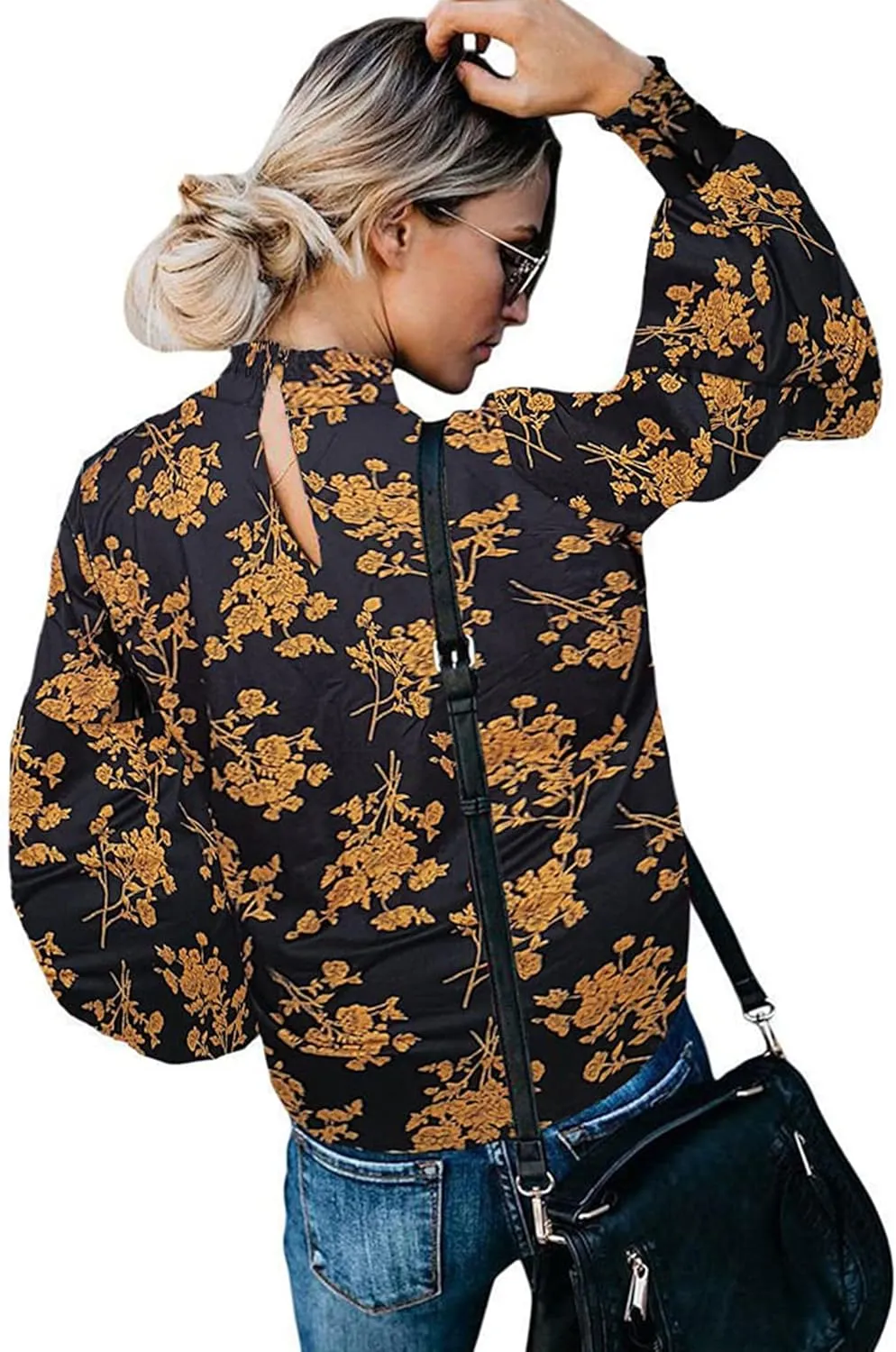 Ladmous Womens Button Back Tops Balloon Sleeve Loose Casual Workout O Neck Blouses