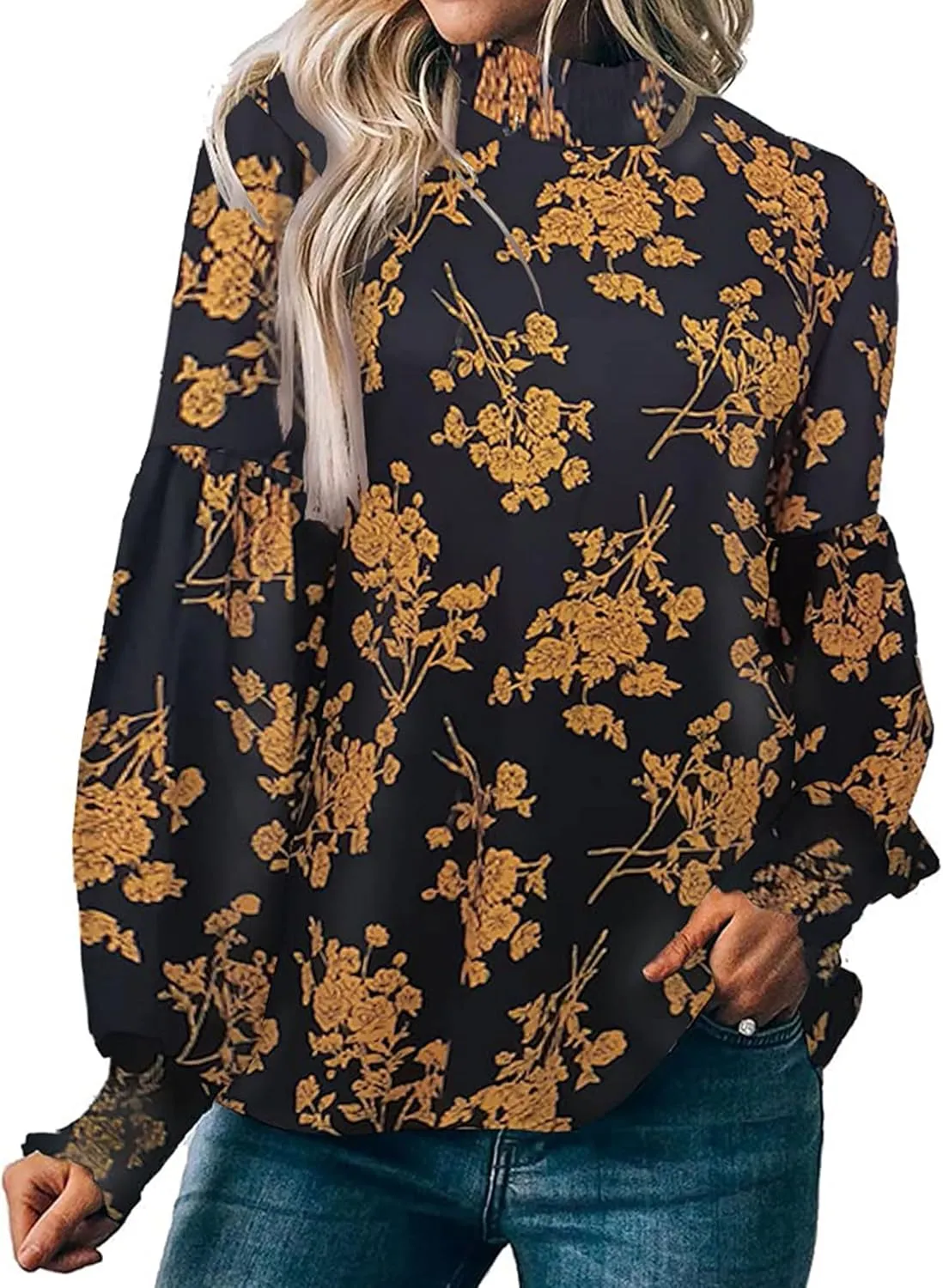 Ladmous Womens Button Back Tops Balloon Sleeve Loose Casual Workout O Neck Blouses