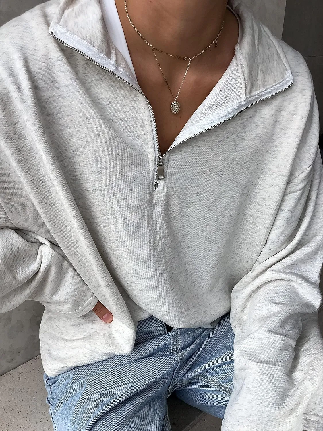 LAVASEON Womens Oversized Half Zip Lapel Sweatshirt Solid Color Casual Long Sleeve Cropped Pullover Top