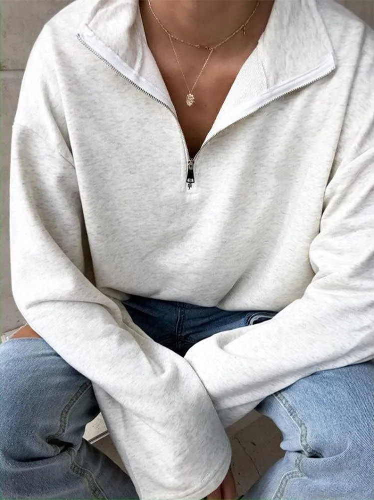 LAVASEON Womens Oversized Half Zip Lapel Sweatshirt Solid Color Casual Long Sleeve Cropped Pullover Top