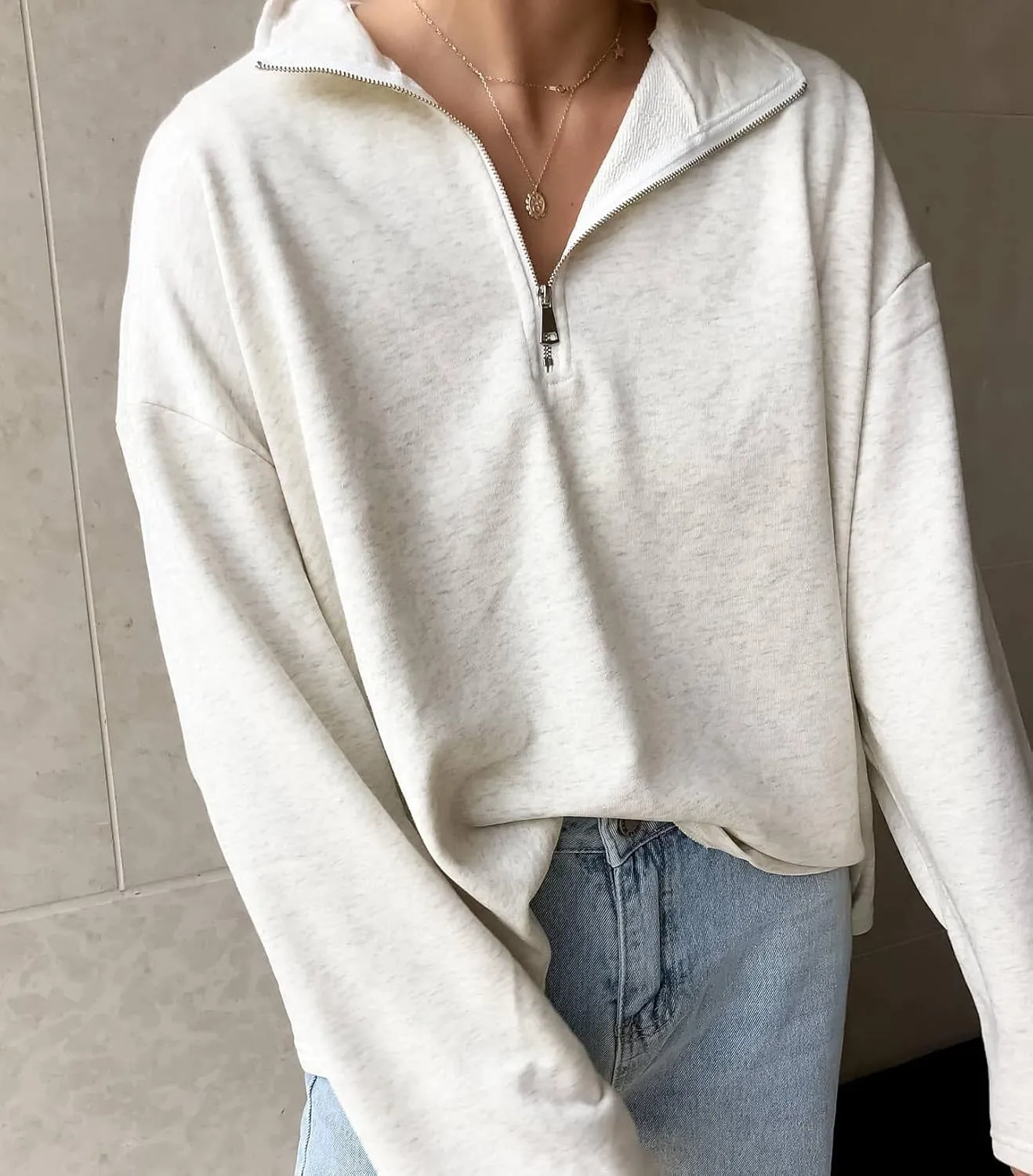 LAVASEON Womens Oversized Half Zip Lapel Sweatshirt Solid Color Casual Long Sleeve Cropped Pullover Top