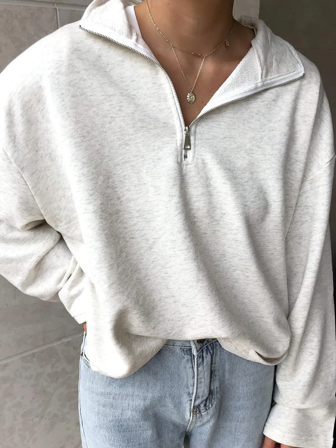 LAVASEON Womens Oversized Half Zip Lapel Sweatshirt Solid Color Casual Long Sleeve Cropped Pullover Top