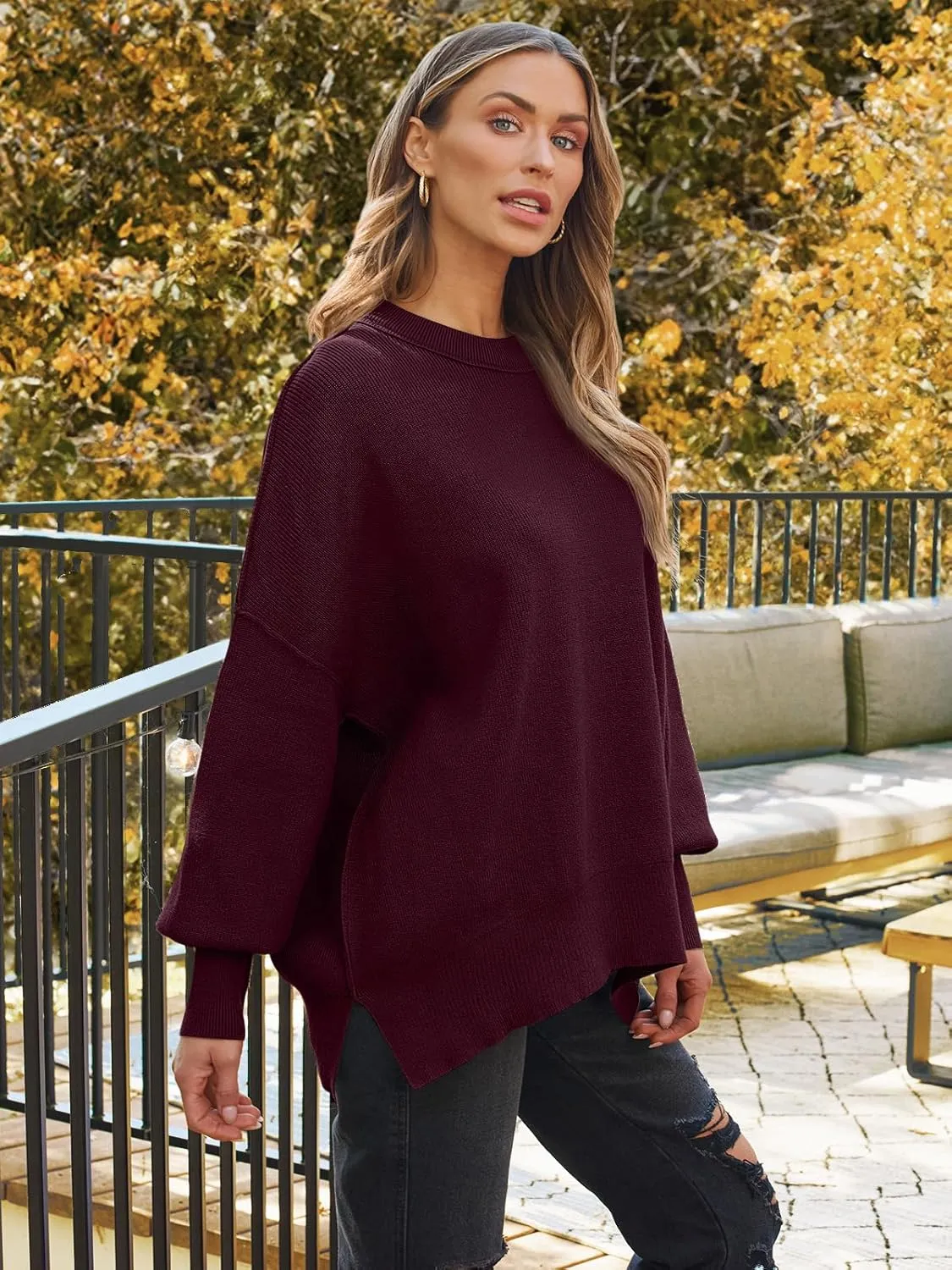 LILLUSORY Women's Oversized Batwing Sweaters 2025 Fall Outfits Trendy Crewneck Knit Side Slit Fashion Pullover Tops