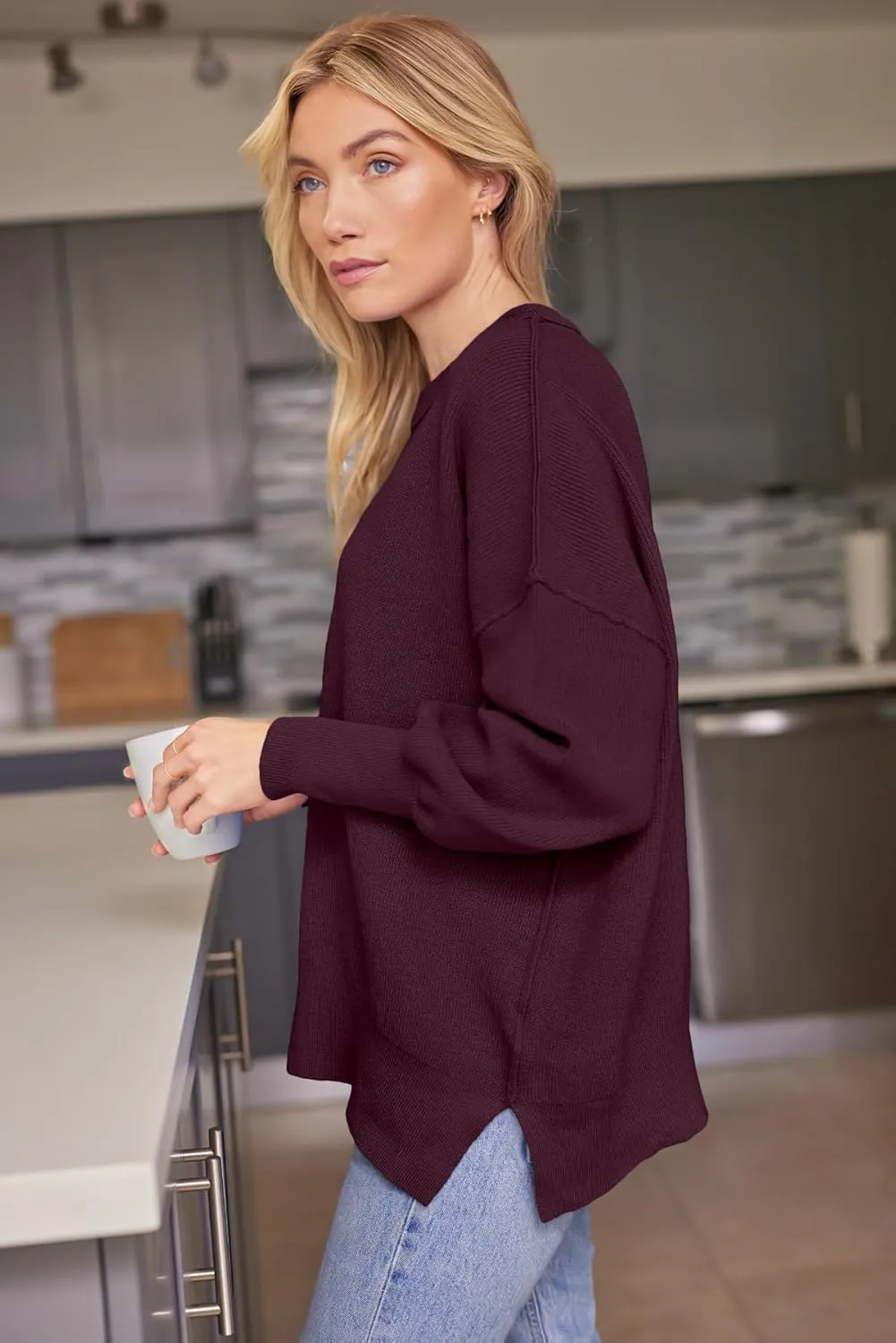 LILLUSORY Women's Oversized Batwing Sweaters 2025 Fall Outfits Trendy Crewneck Knit Side Slit Fashion Pullover Tops