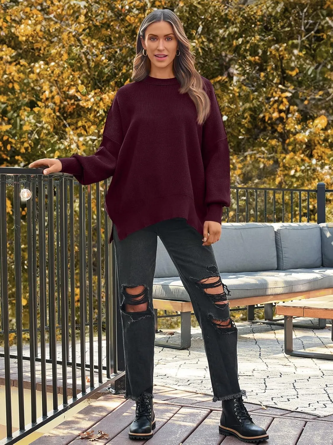 LILLUSORY Women's Oversized Batwing Sweaters 2025 Fall Outfits Trendy Crewneck Knit Side Slit Fashion Pullover Tops