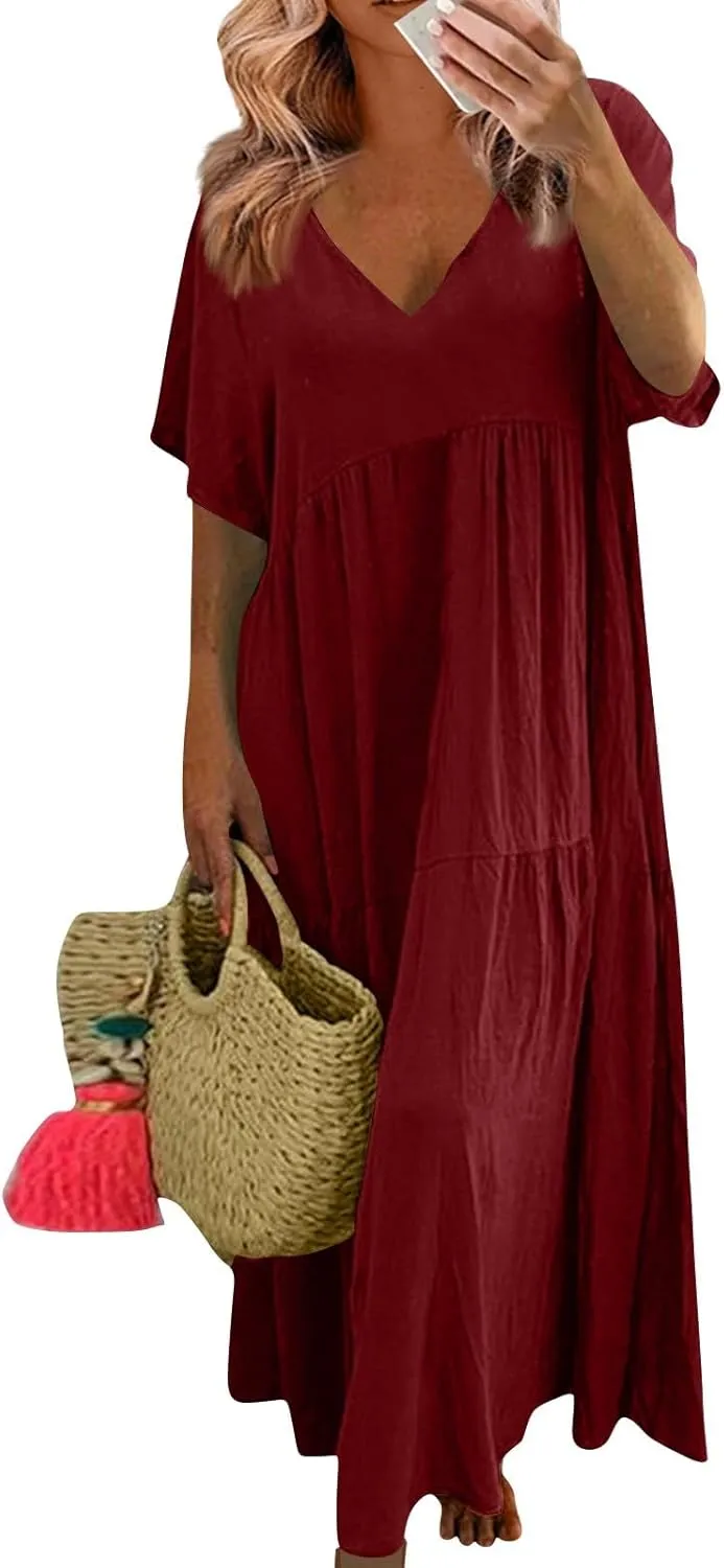 Linen Dresses for Women 2025 Short Sleeve Plus Size Boho Maxi Dresses Flowy V Neck Long Beach Dress Vacation Outfits