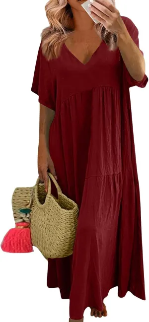 Linen Dresses for Women 2025 Short Sleeve Plus Size Boho Maxi Dresses Flowy V Neck Long Beach Dress Vacation Outfits