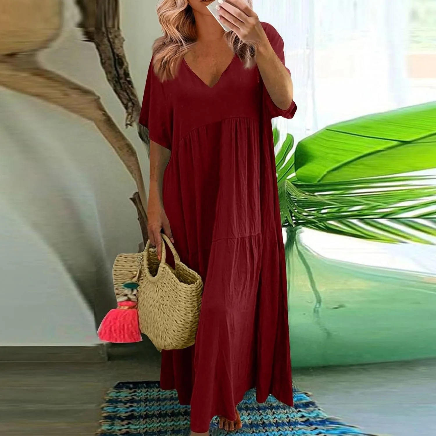 Linen Dresses for Women 2025 Short Sleeve Plus Size Boho Maxi Dresses Flowy V Neck Long Beach Dress Vacation Outfits