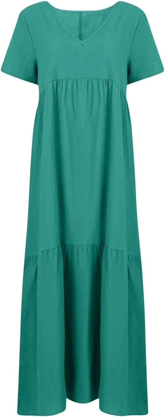 Linen Dresses for Women 2025 Short Sleeve Plus Size Boho Maxi Dresses Flowy V Neck Long Beach Dress Vacation Outfits