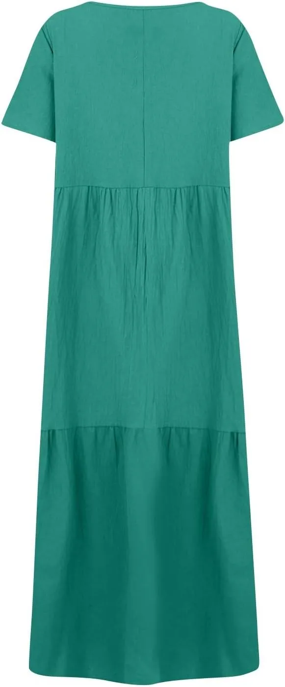 Linen Dresses for Women 2025 Short Sleeve Plus Size Boho Maxi Dresses Flowy V Neck Long Beach Dress Vacation Outfits
