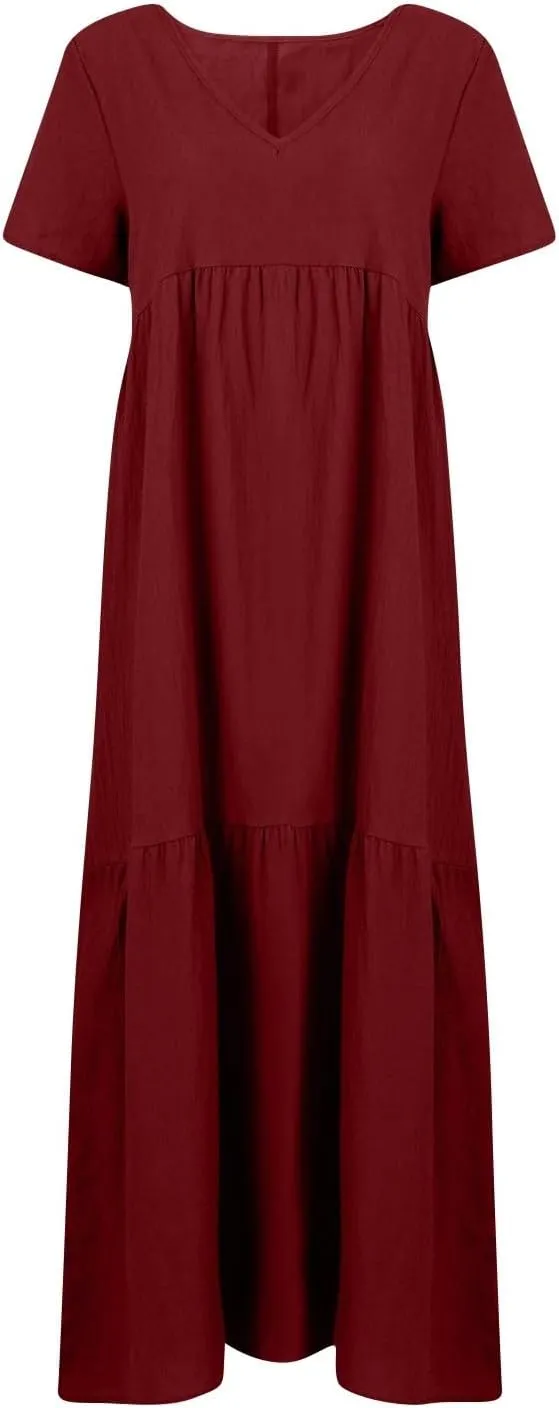 Linen Dresses for Women 2025 Short Sleeve Plus Size Boho Maxi Dresses Flowy V Neck Long Beach Dress Vacation Outfits