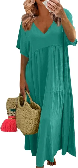 Linen Dresses for Women 2025 Short Sleeve Plus Size Boho Maxi Dresses Flowy V Neck Long Beach Dress Vacation Outfits