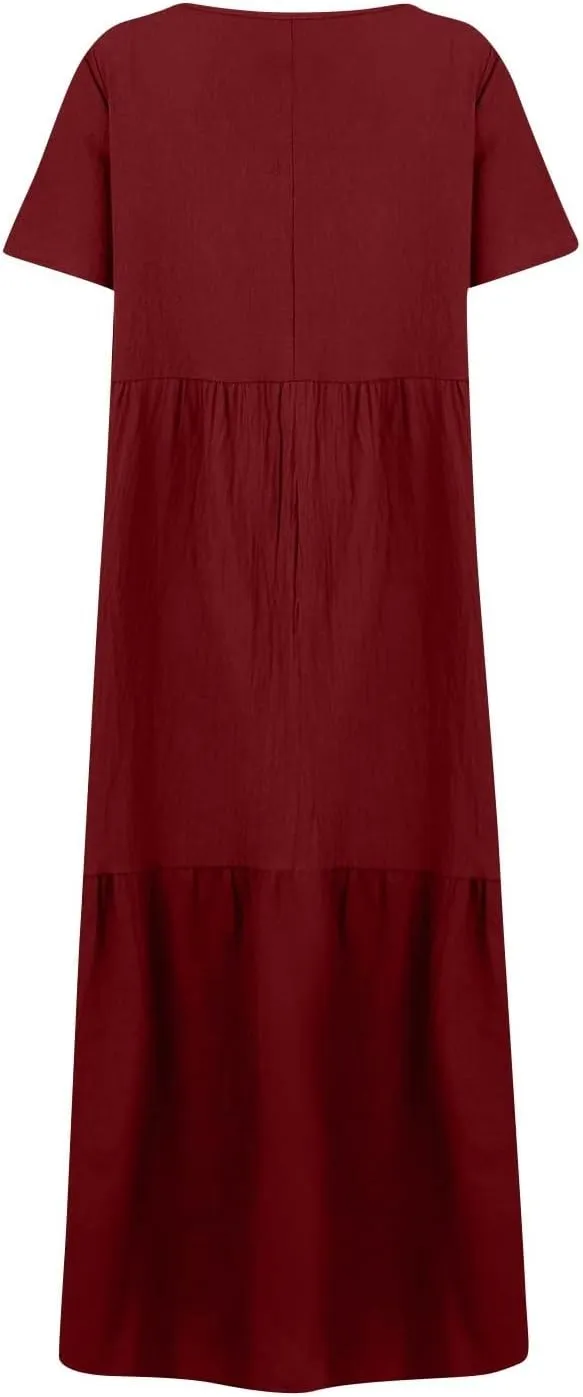 Linen Dresses for Women 2025 Short Sleeve Plus Size Boho Maxi Dresses Flowy V Neck Long Beach Dress Vacation Outfits