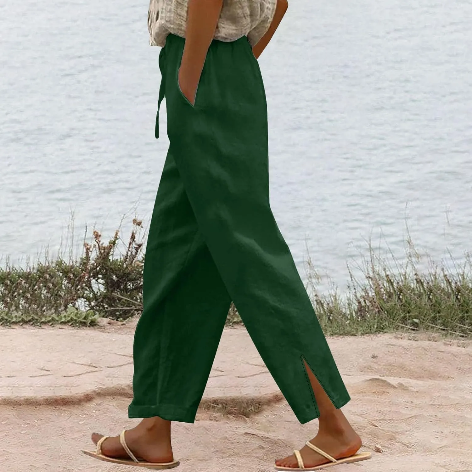 Linen Pants for Women 2025 Summer Drawstring Straight Leg Cropped Lounge Pant Casual Loose Lightweight Beach Trousers