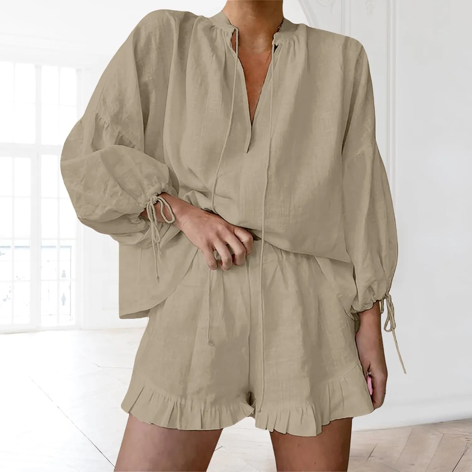 Linen Two Piece Set Women Oversized Long Sleeve Shirts and Elastic High Waist Shorts Set Casual Baggy Summer Outfits