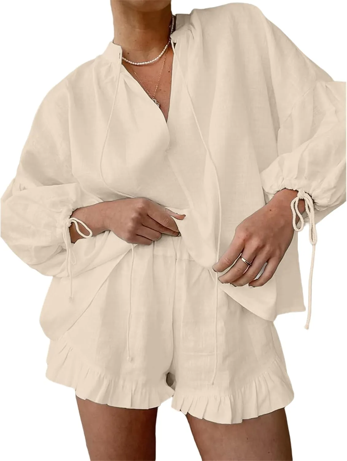 Linen Two Piece Set Women Oversized Long Sleeve Shirts and Elastic High Waist Shorts Set Casual Baggy Summer Outfits
