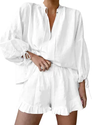 Linen Two Piece Set Women Oversized Long Sleeve Shirts and Elastic High Waist Shorts Set Casual Baggy Summer Outfits