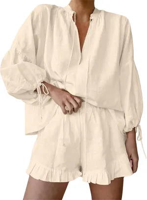 Linen Two Piece Set Women Oversized Long Sleeve Shirts and Elastic High Waist Shorts Set Casual Baggy Summer Outfits