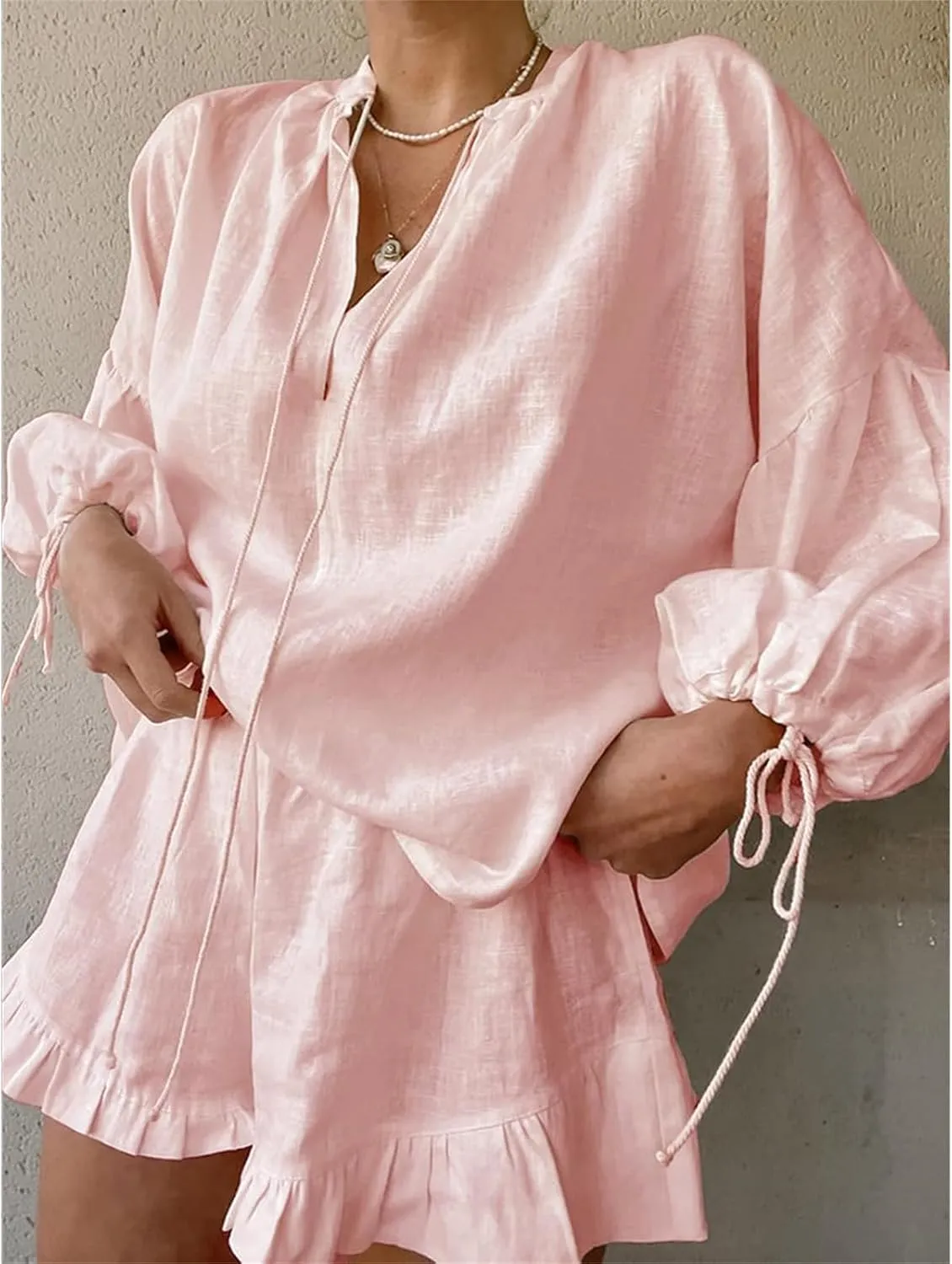 Linen Two Piece Set Women Oversized Long Sleeve Shirts and Elastic High Waist Shorts Set Casual Baggy Summer Outfits
