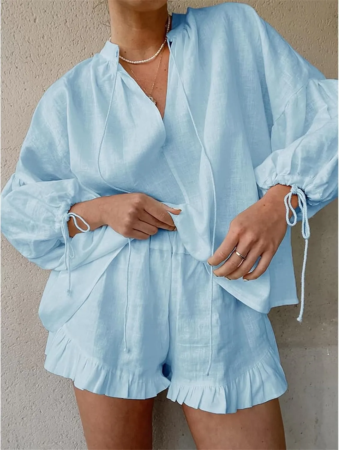 Linen Two Piece Set Women Oversized Long Sleeve Shirts and Elastic High Waist Shorts Set Casual Baggy Summer Outfits
