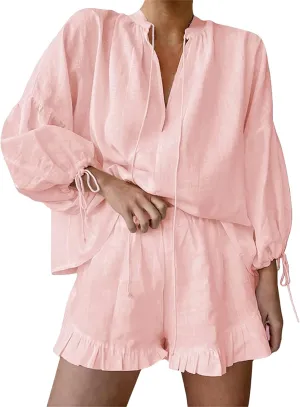 Linen Two Piece Set Women Oversized Long Sleeve Shirts and Elastic High Waist Shorts Set Casual Baggy Summer Outfits