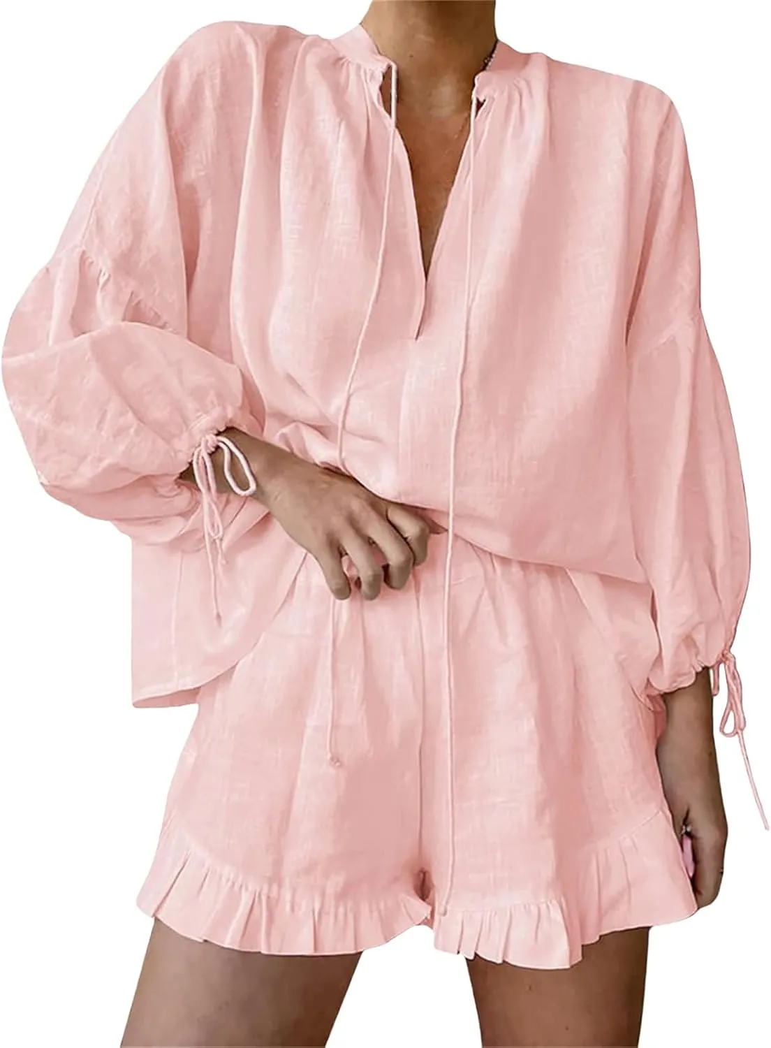 Linen Two Piece Set Women Oversized Long Sleeve Shirts and Elastic High Waist Shorts Set Casual Baggy Summer Outfits
