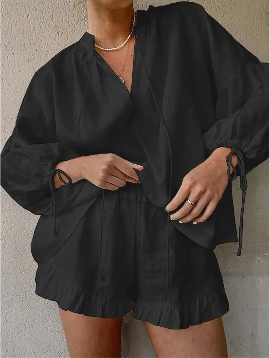 Linen Two Piece Set Women Oversized Long Sleeve Shirts and Elastic High Waist Shorts Set Casual Baggy Summer Outfits