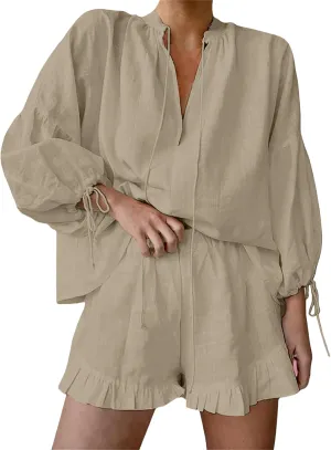 Linen Two Piece Set Women Oversized Long Sleeve Shirts and Elastic High Waist Shorts Set Casual Baggy Summer Outfits