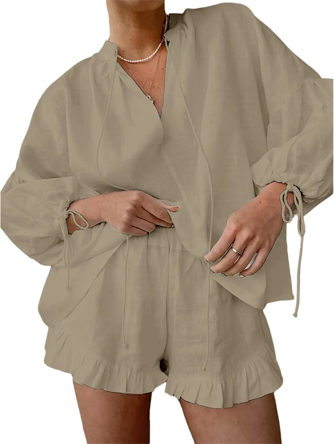 Linen Two Piece Set Women Oversized Long Sleeve Shirts and Elastic High Waist Shorts Set Casual Baggy Summer Outfits