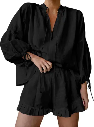 Linen Two Piece Set Women Oversized Long Sleeve Shirts and Elastic High Waist Shorts Set Casual Baggy Summer Outfits