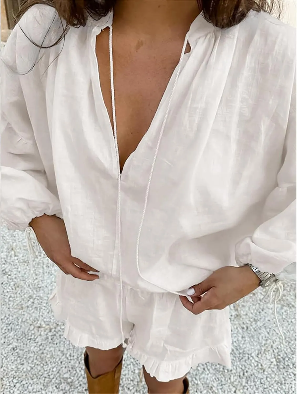 Linen Two Piece Set Women Oversized Long Sleeve Shirts and Elastic High Waist Shorts Set Casual Baggy Summer Outfits
