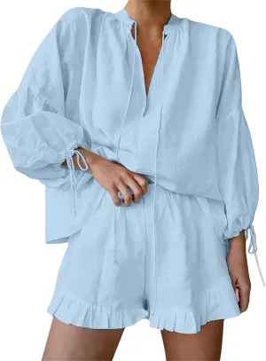 Linen Two Piece Set Women Oversized Long Sleeve Shirts and Elastic High Waist Shorts Set Casual Baggy Summer Outfits
