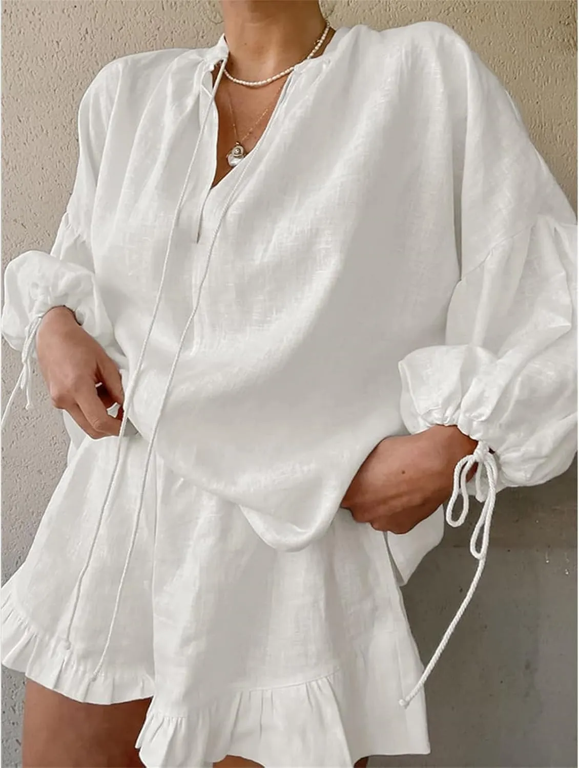 Linen Two Piece Set Women Oversized Long Sleeve Shirts and Elastic High Waist Shorts Set Casual Baggy Summer Outfits