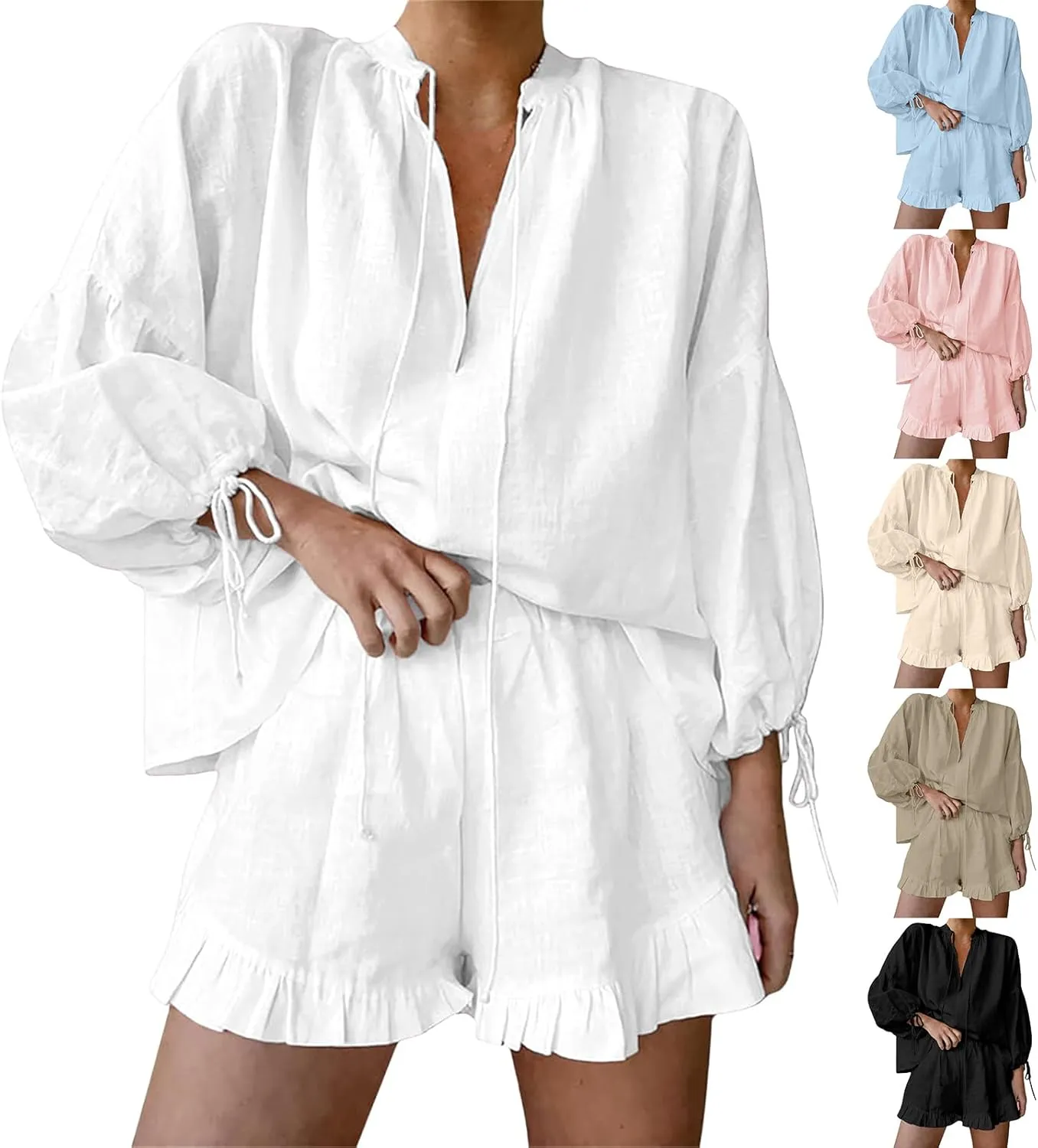 Linen Two Piece Set Women Oversized Long Sleeve Shirts and Elastic High Waist Shorts Set Casual Baggy Summer Outfits