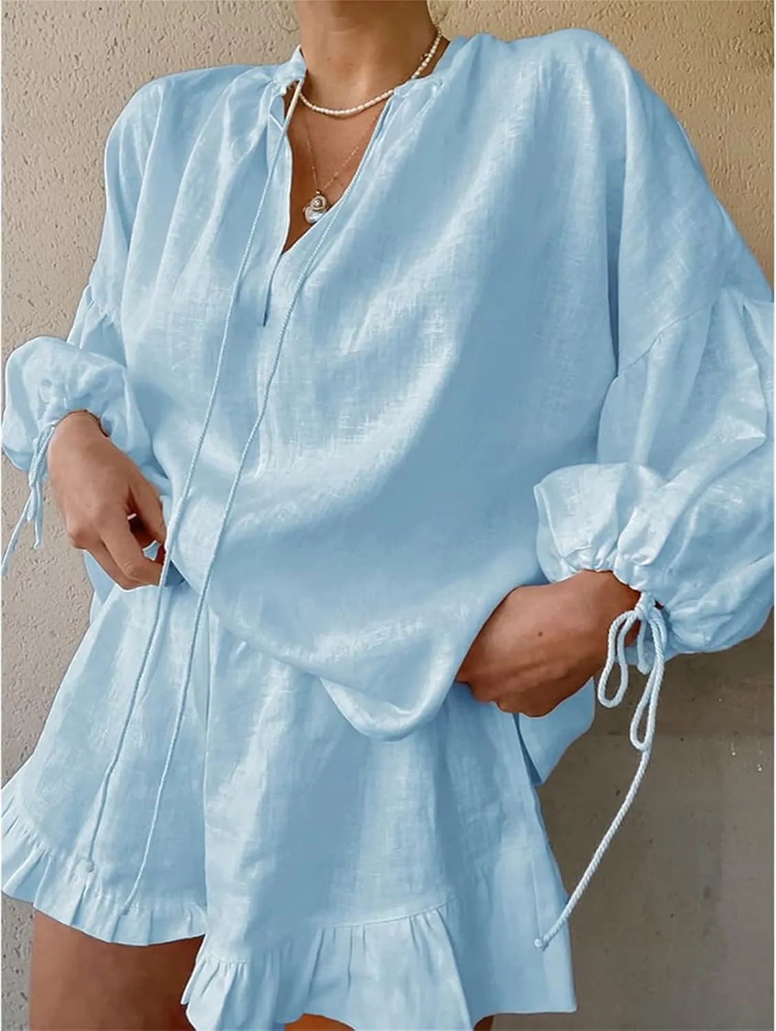 Linen Two Piece Set Women Oversized Long Sleeve Shirts and Elastic High Waist Shorts Set Casual Baggy Summer Outfits
