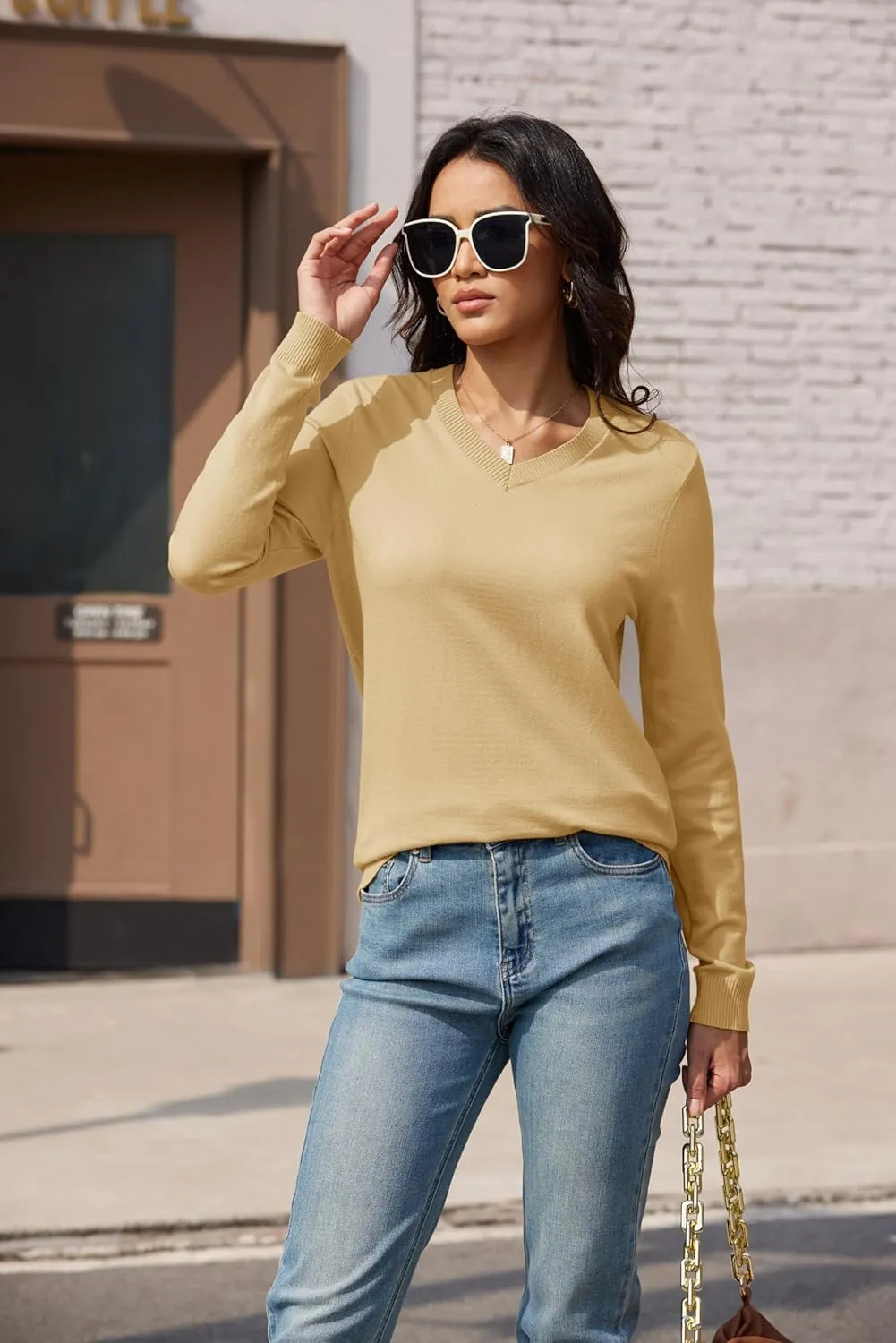 MAGCOMSEN Women's V Neck Sweater 2025 Spring Casual Long Sleeve Tops Knit Lightweight Pullover Sweaters Jumper