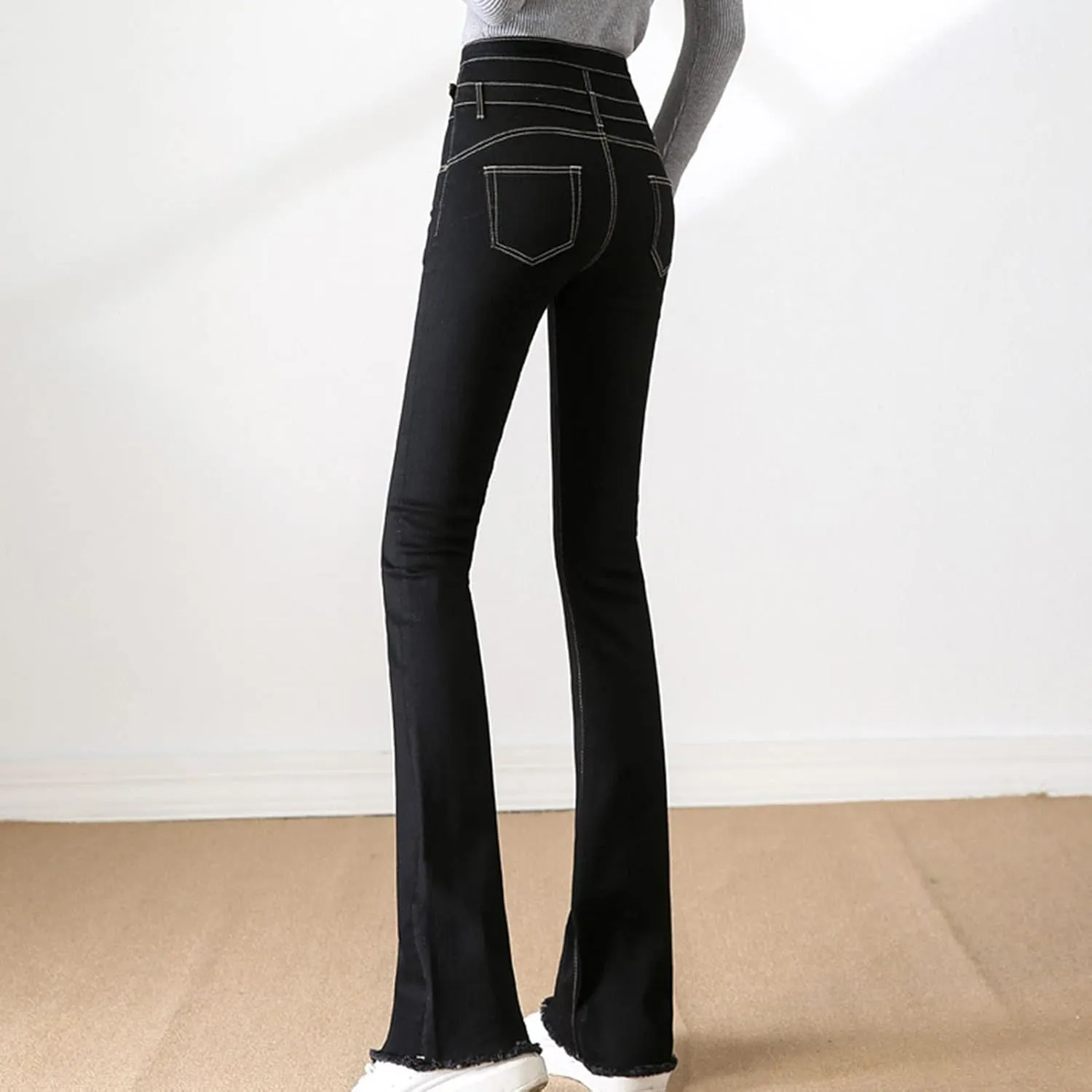 Maiyifu-GJ Women's Skinny Flare Denim Jeans High Waisted 3 Button Bell Bottom Denim Pants Destroyed Raw Hem Jean Trousers