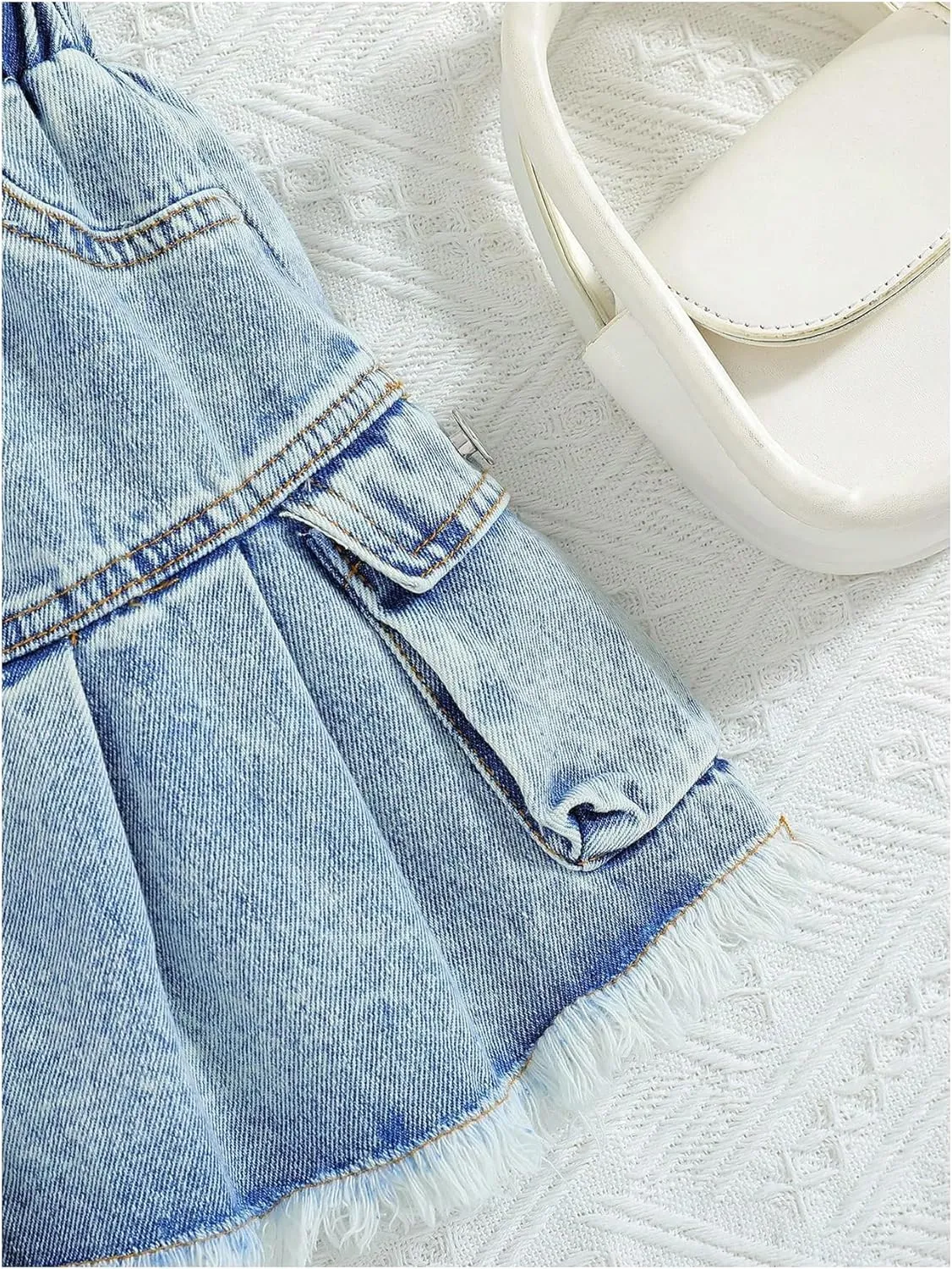 MakeMeChic Girl's 2 Piece Outfits Crew Neck Flutter Sleeve Tee Top and Denim Overall Skirt Set