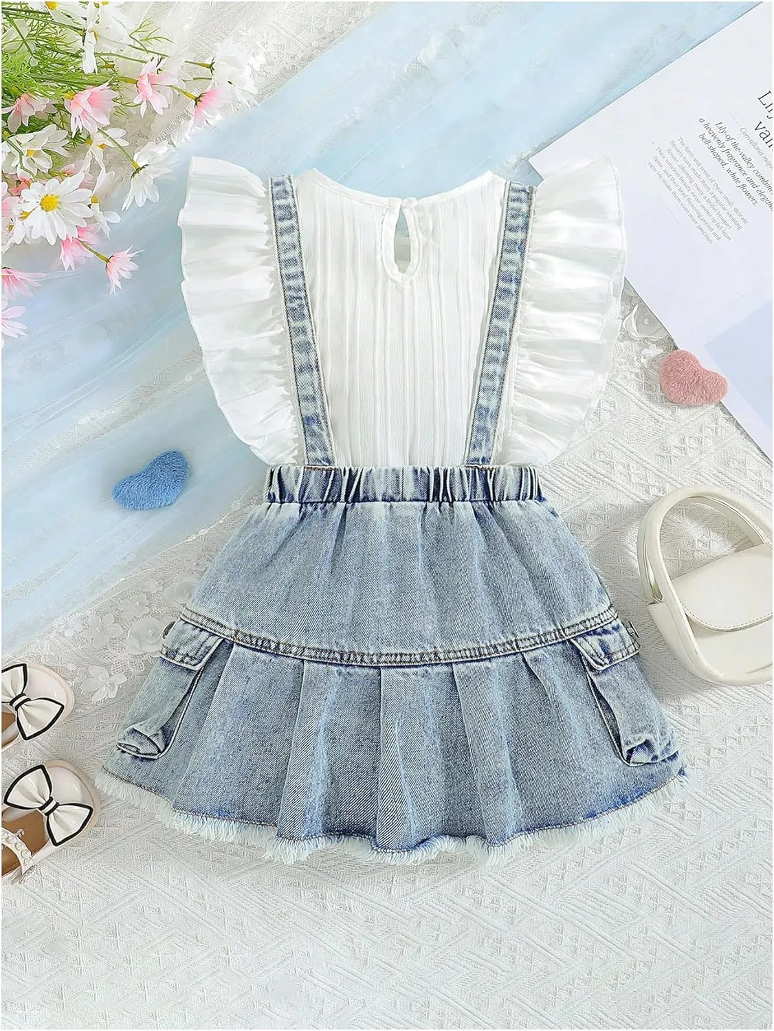 MakeMeChic Girl's 2 Piece Outfits Crew Neck Flutter Sleeve Tee Top and Denim Overall Skirt Set