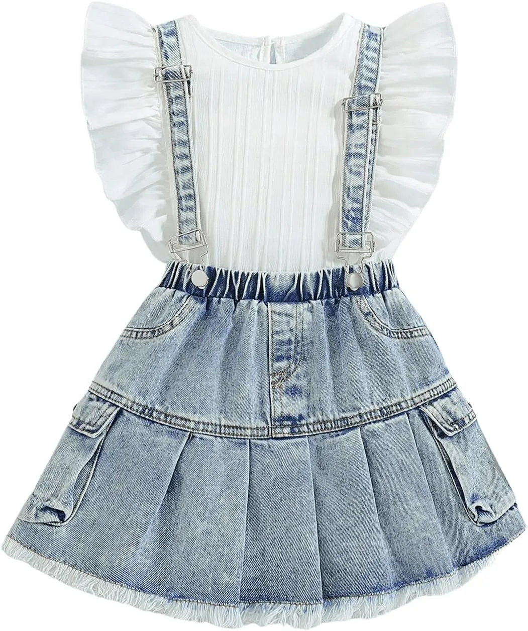 MakeMeChic Girl's 2 Piece Outfits Crew Neck Flutter Sleeve Tee Top and Denim Overall Skirt Set