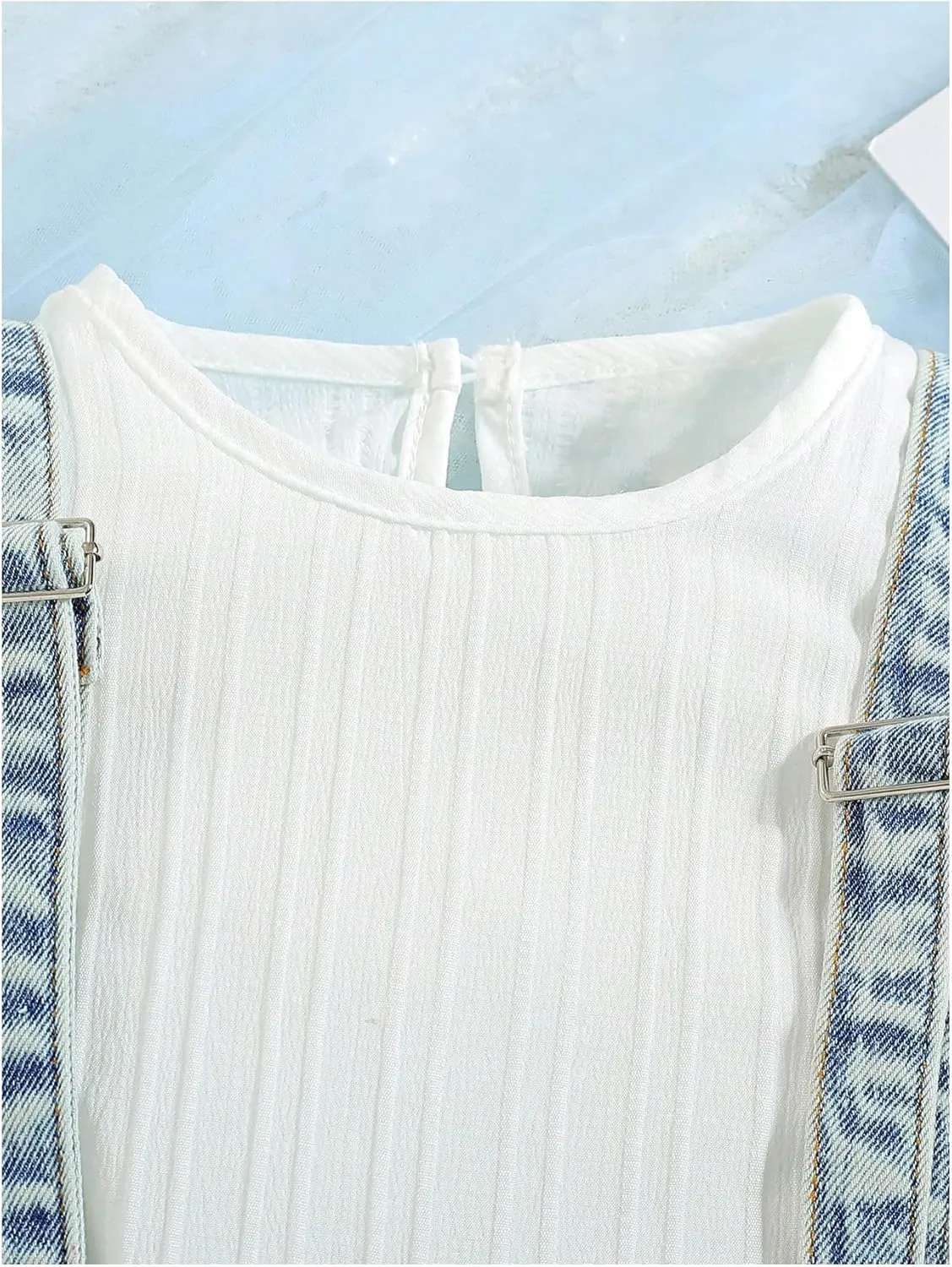 MakeMeChic Girl's 2 Piece Outfits Crew Neck Flutter Sleeve Tee Top and Denim Overall Skirt Set
