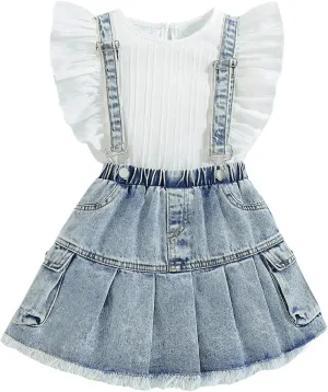MakeMeChic Girl's 2 Piece Outfits Crew Neck Flutter Sleeve Tee Top and Denim Overall Skirt Set